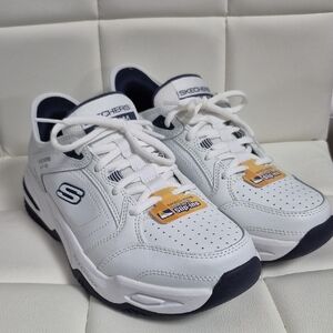 Skechers Slip Ins  Mens Extra Wide  White and Navy Sneakers Memory Foam Cool